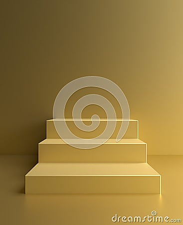 Podium on gold background, golden platform pedestal with stairs, 3d stage. Product display stand render, golden scene or stage Stock Photo