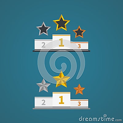Podium with gold, silver and bronze trophy stars. Vector Illustration