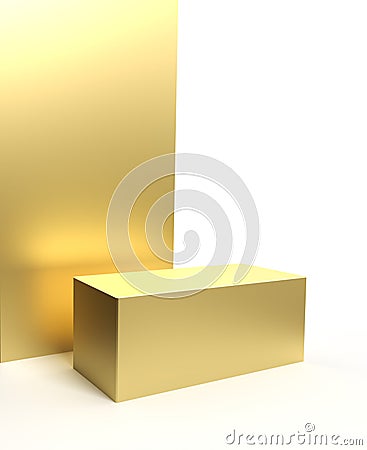 Podium, gold stage platform on white background, golden 3D pedestal. Gold square podium platform or product display and showcase Stock Photo