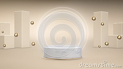 3d render Podium made of marble with a gold frame and neon rings, against a background of boxes and flying golden balls Stock Photo
