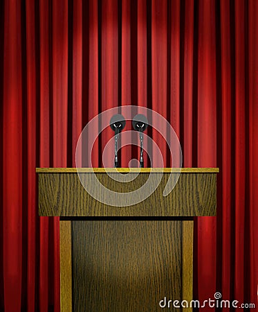 Podium and microphones over red curtains Stock Photo