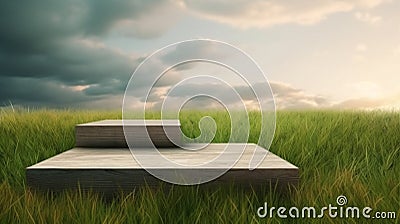 Podium in nature and grass field background. with space for text. Modern surreal elements. Generative Ai Stock Photo