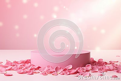A podium, pedestal, a stage for advertising cosmetic products. Spring pink catwalk, sakura flowers, petals. Stock Photo