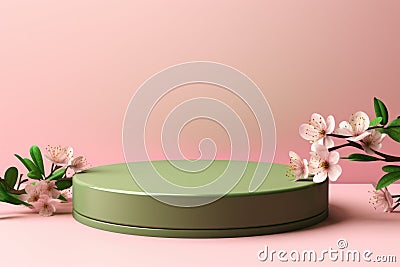 A podium, pedestal, a stage for advertising cosmetic products. Spring pink catwalk, sakura flowers, petals. Stock Photo