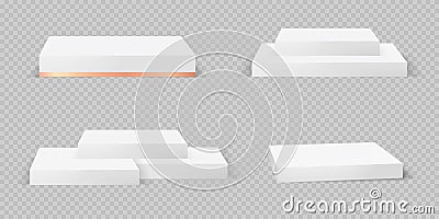 Podium realistic 3d render collection on transparent background. Square empty stages and pedestals Vector Illustration