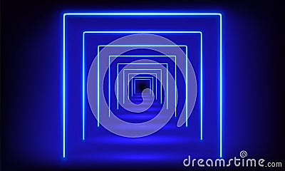 Podium, road, pedestal, platform in form square with neon luminous rays on blue background. Stage with scenic lights. Abstract 3D Vector Illustration