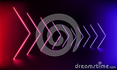 Podium, road, pedestal or platform with neon luminous arrows on blue and pink background. 3d render. Abstract panoramic neon ray Vector Illustration