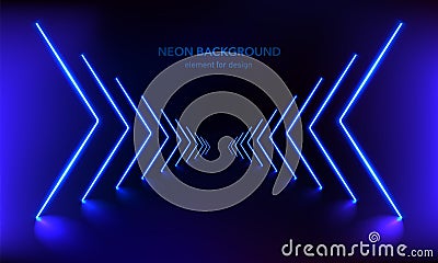 Podium, road, pedestal or platform with neon luminous rays on blue background. Neon magic lights arrow line. Stage with scenic Vector Illustration