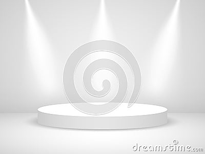 Podium round with light. White realistic stage with spotlights. illuminated circle with shadow. White 3d pedestal or Vector Illustration