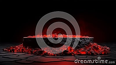 Podium in a volcanic environment with red flowing lava for product presentation and advertising Stock Photo