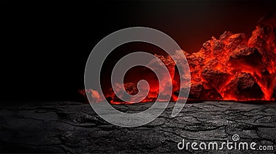 Podium in a volcanic environment with red flowing lava for product presentation and advertising Stock Photo