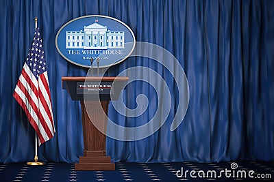 Podium speaker tribune with USA flags and sign of White House wi Cartoon Illustration