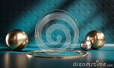 Podium Stage Circle Glass Sphere Dark Teal Gold Display Product 3D Rendering Stock Photo