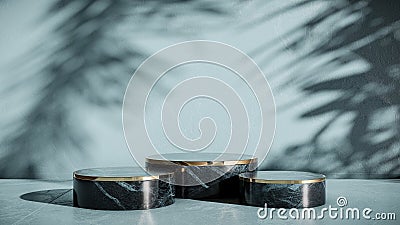 Podium stand made with marble and gold, decorated with plant leaves. Mockup Stock Photo