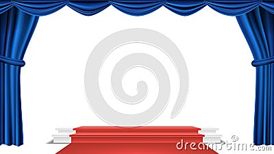 Podium Under Blue Theater Curtain Vector. Ceremony Award. Presentation. Pedestal For Winners. Isolated Illustration Vector Illustration