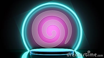 a podium and various basic objects neon glowing 3d rendering Stock Photo
