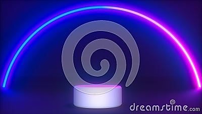 Podium and various basic objects neon glowing 3d rendering Stock Photo