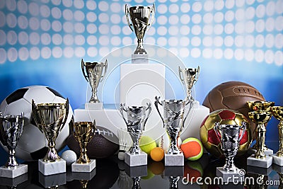 Podium, Winner trophy, Sport equipment and balls Stock Photo