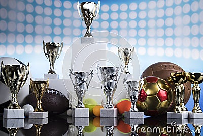 Podium, Winner trophy, Sport equipment and balls Stock Photo