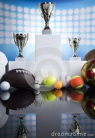 Podium, Winner trophy, Sport equipment and balls Stock Photo