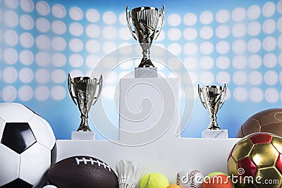 Podium, Winner trophy, Sport equipment and balls Stock Photo