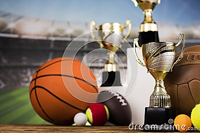 Podium, Winner trophy, Sport equipment and balls Stock Photo