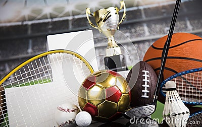 Podium, Winner trophy, Sport equipment and balls Stock Photo