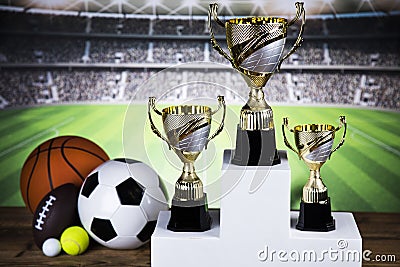 Podium, Winner trophy, Sport equipment and balls Stock Photo