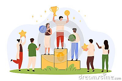 Podium for winners with achievement awards, tiny man on pedestal celebrating victory Vector Illustration