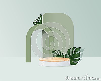 Podium wood overlap with marble. Product display in minimal color scene background decorated with leaves Cartoon Illustration