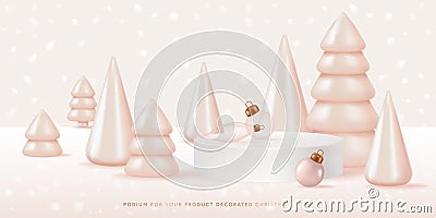 Podium for your product decorated nacreous Christmas trees. Realistic Vector illustration in 3D style Vector Illustration