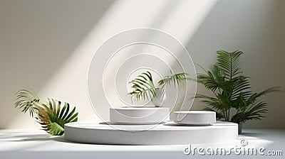 Set of white podiums in sunlight plants Stock Photo