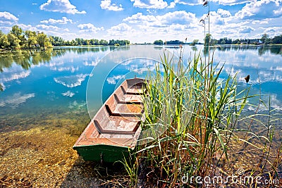 Podravina. Soderica lake wooden boat and water landscape view Stock Photo