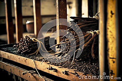 pods of dried vanilla beans in production Stock Photo