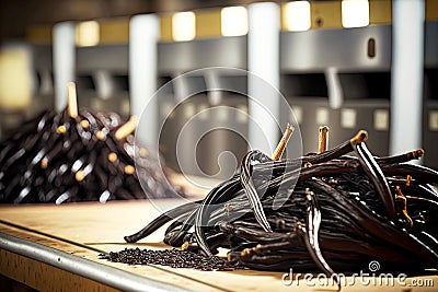 pods of dried vanilla beans in production Stock Photo