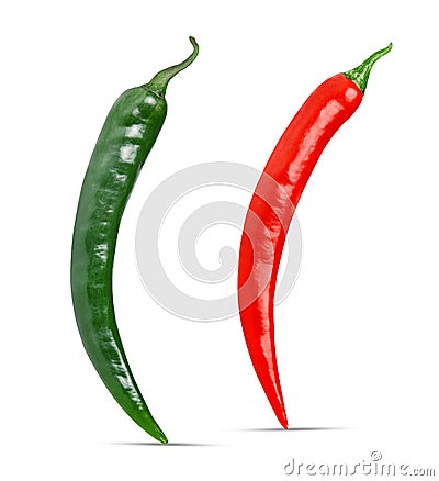 Pods of red and green chili pepper on a white isolate. Stock Photo