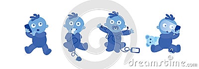 Set of blue toddlers on white. Baby using technology. Child with the Internet and smartphone adiction problems, Vector Illustratio Stock Photo