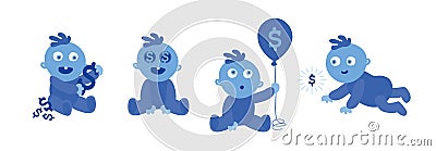 Set of little blue toddlers on white. Baby and Money. Wealthy Child. Dollars on eyes and on the balloon. Vector Illustration Vector Illustration