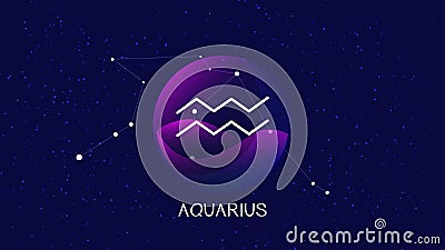 Vector image representing night, starry sky with aquarius zodiac constellation behind glass sphere with encapsulated aquarius sign Vector Illustration
