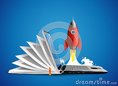 Computer as book knowledge base concept - laptop as elearning idea Vector Illustration