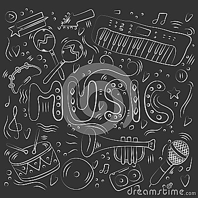 Hand drawn music background. Doodle musical instruments. Vector Illustration