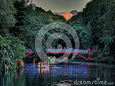 The Poet's bridge during New Plymouth's Lights Festival with Mount Taranaki on the background Editorial Stock Photo