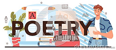 Poetry typographic header. Study ancient writer and modern novel. Vector Illustration