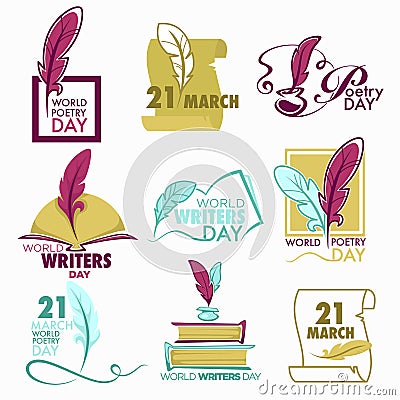 Poetry and writers day isolated icon feather and book Vector Illustration