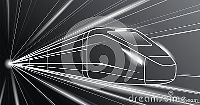 Outline train in motion on black background, locomotive move, dynamic transportation illustration, vector lines design art Vector Illustration