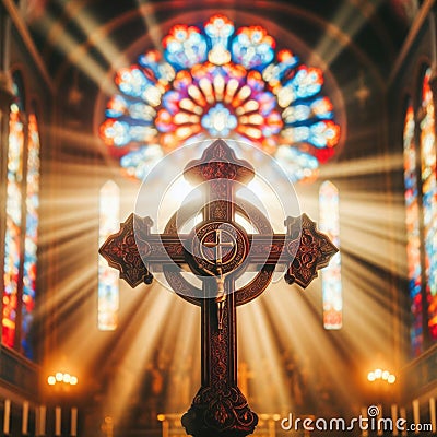 A close-up photograph capturing the solemnity of a cross at the center stage of a church altar Stock Photo