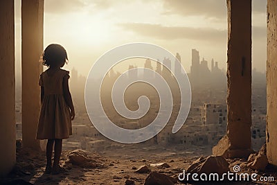 Lost in Abandoned Middle Eastern Cities, A Child Perspective, AI Generated Stock Photo