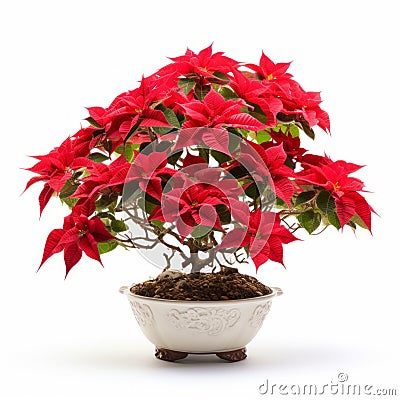 Poinsettia Bonsai: Ancient Chinese Influenced Art On A White Background Stock Photo