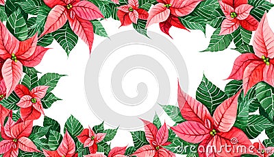 Poinsettia Christmas decoration. Border decoration card, cover web, frame print. Celebration design element. Hand painted watercol Stock Photo