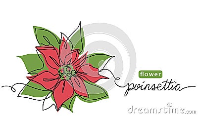 Poinsettia, Christmas flower vector drawn sketch, color illustration. One continuous line art drawing, background with Vector Illustration